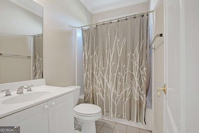 5177 Cabot Creek Dr, Buford, GA 30518 - full bath featuring vanity, crown molding, shower / bathtub combination with curtain, and tile patterned floors