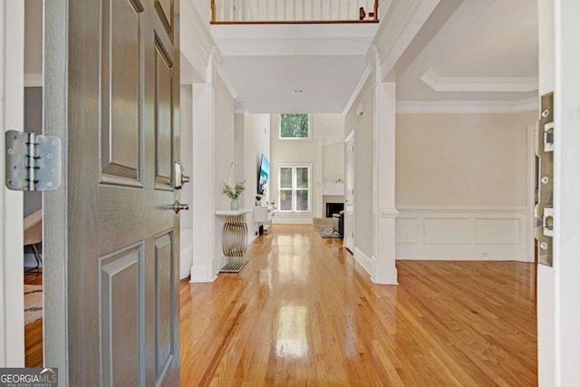 5177 Cabot Creek Dr, Buford, GA 30518 - entrance foyer featuring light wood-type flooring, crown molding, a fireplace, a wainscoted wall, and a decorative wall