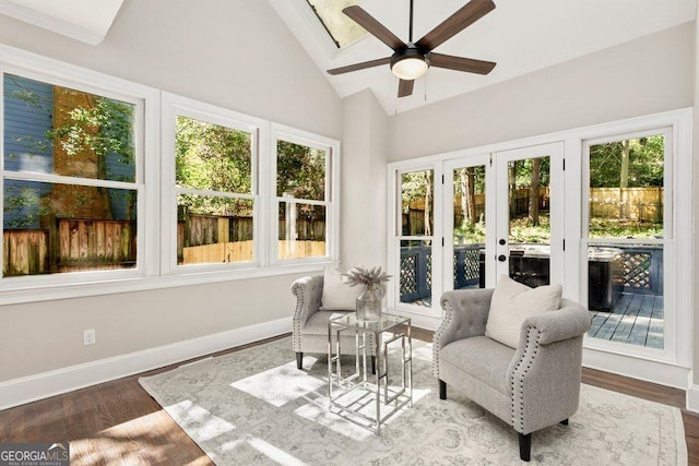 sunroom with french doors and lofted ceiling