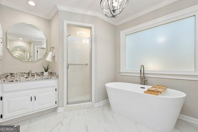 full bath featuring a shower stall, baseboards, a soaking tub, crown molding, and vanity