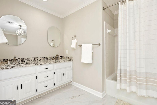 bathroom featuring ornamental molding, marble look tile flooring, baseboards, shower / bath combo with shower curtain, and double vanity