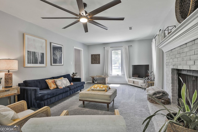 214 Windgate Ct, Peachtree City, GA 30269 - carpeted living area with ceiling fan and a fireplace