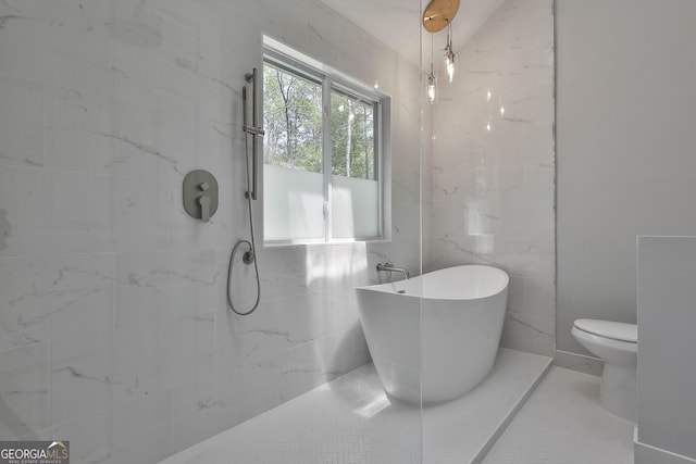 214 Windgate Ct, Peachtree City, GA 30269 - bathroom featuring a freestanding bath, a marble finish shower, and tile walls
