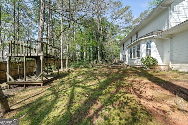 985 Lake Haven Ct, Roswell, GA 30076 - view of yard featuring stairway, a wooden deck, and fence