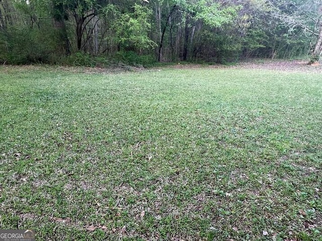 view of yard featuring a forest view