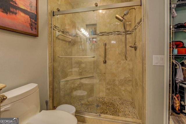 bathroom with a shower stall, toilet, and a spacious closet