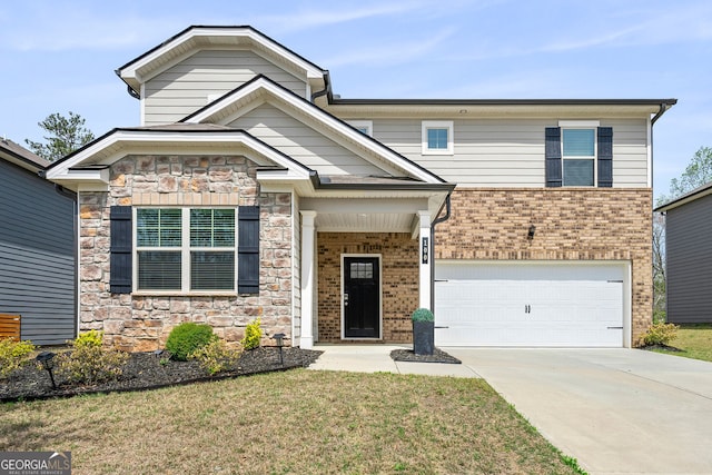 view of front facade featuring brick siding, driveway, stone siding, a front lawn, and an attached garage