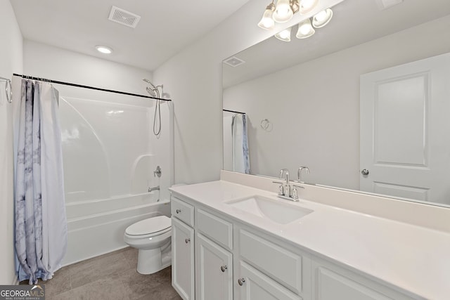 full bath with toilet, visible vents, shower / tub combo, and vanity