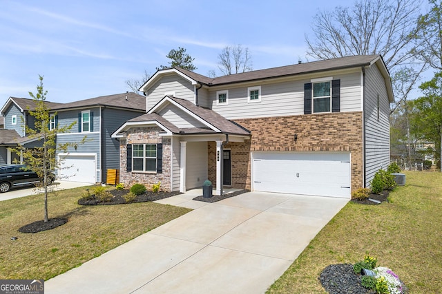 view of front of home featuring a front lawn, central air condition unit, driveway, brick siding, and an attached garage