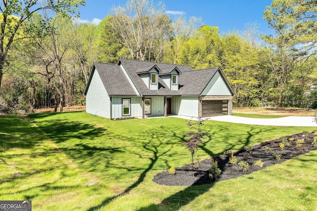 view of front facade with an attached garage, a shingled roof, driveway, and a front lawn