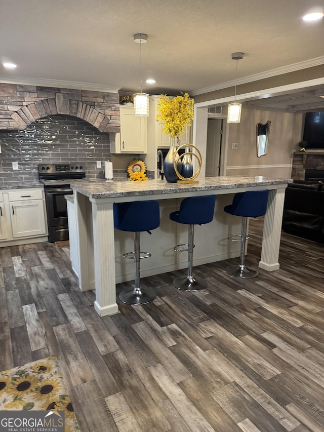 kitchen with dark wood-style floors, crown molding, stainless steel range with electric stovetop, and backsplash