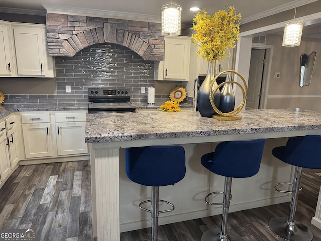 kitchen featuring tasteful backsplash, stainless steel electric range oven, crown molding, white cabinetry, and dark wood-type flooring