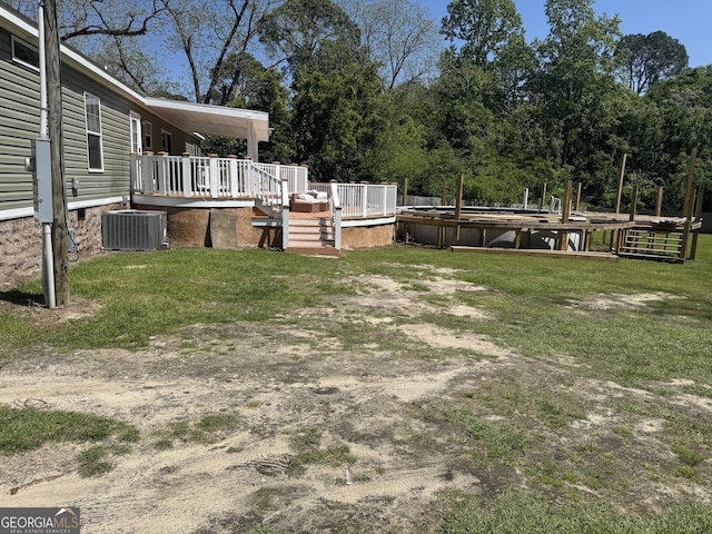 view of yard featuring central AC unit, a wooden deck, and a boat dock