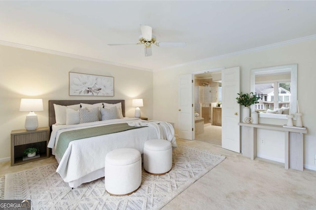 3711 Spinnaker Cir, Alpharetta, GA 30005 - bedroom with ornamental molding, ensuite bath, light carpet, ceiling fan, and baseboards