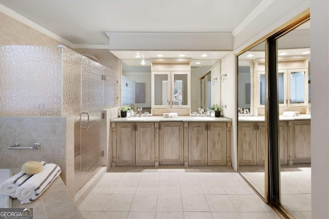 3711 Spinnaker Cir, Alpharetta, GA 30005 - bathroom with a shower stall, tile patterned flooring, vanity, crown molding, and recessed lighting