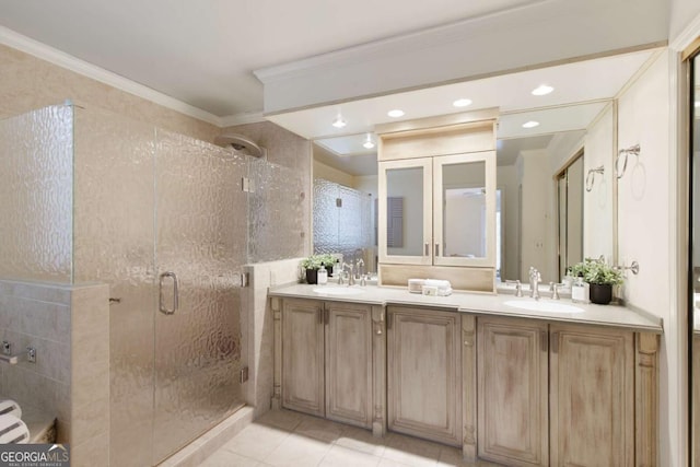 3711 Spinnaker Cir, Alpharetta, GA 30005 - bathroom featuring a stall shower, tile patterned floors, crown molding, double vanity, and recessed lighting