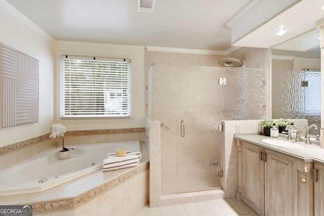 3711 Spinnaker Cir, Alpharetta, GA 30005 - full bathroom featuring a shower stall, a whirlpool tub, vanity, and ornamental molding