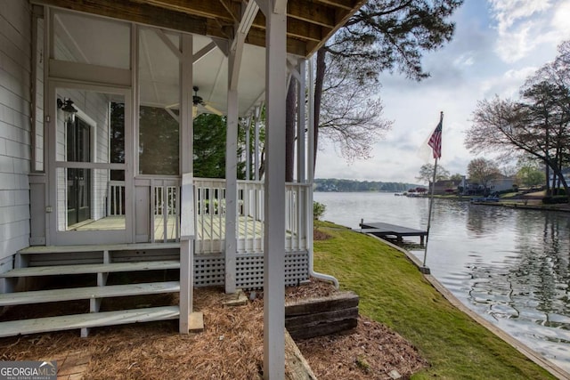 3711 Spinnaker Cir, Alpharetta, GA 30005 - deck featuring a water view, ceiling fan, a boat dock, and a yard