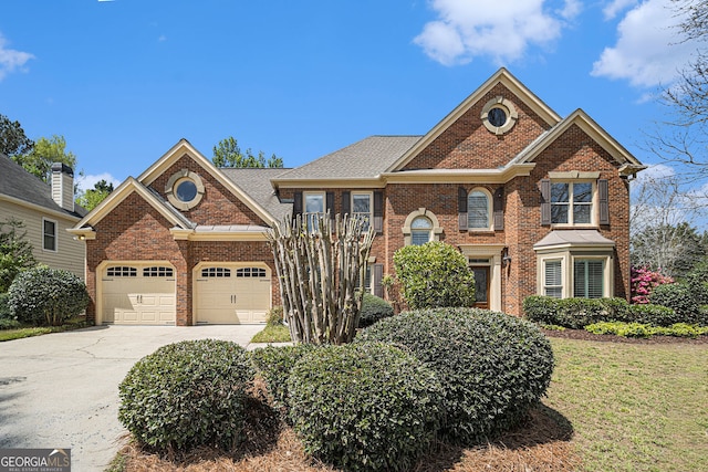 colonial home featuring concrete driveway, brick siding, a front yard, and a garage
