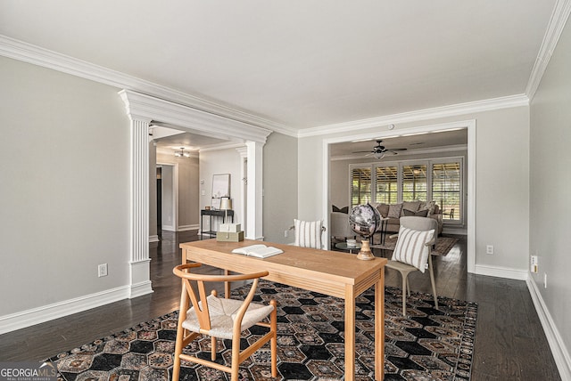 dining area with ceiling fan, baseboards, ornamental molding, and dark wood-style flooring