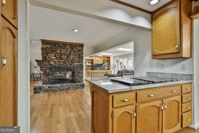 kitchen featuring crown molding, open floor plan, a textured ceiling, light wood-style flooring, and black cooktop