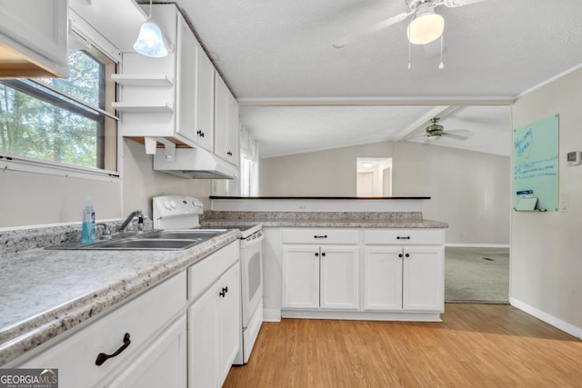 188 Paramount Dr, Eatonton, GA 31024 - kitchen featuring white range with electric cooktop, a peninsula, a ceiling fan, under cabinet range hood, and a sink