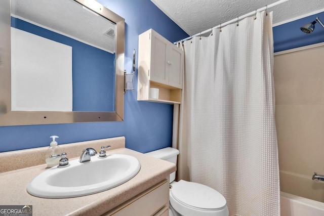 188 Paramount Dr, Eatonton, GA 31024 - full bath featuring visible vents, toilet, a textured ceiling, shower / bathtub combination with curtain, and vanity