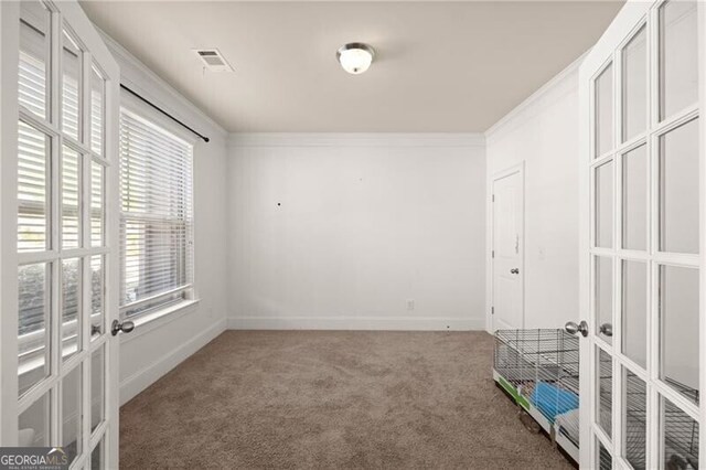 4735 Belcrest Way, Cumming, GA 30040 - unfurnished bedroom with crown molding, visible vents, carpet floors, french doors, and baseboards