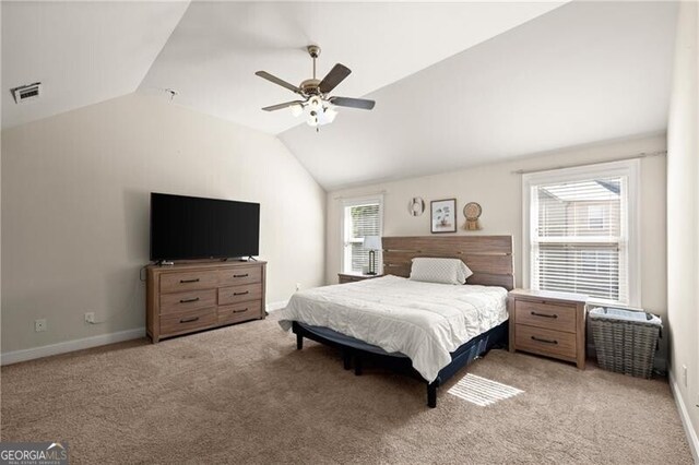 4735 Belcrest Way, Cumming, GA 30040 - bedroom with baseboards, light carpet, a ceiling fan, visible vents, and lofted ceiling