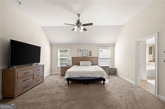 4735 Belcrest Way, Cumming, GA 30040 - bedroom featuring baseboards, ensuite bathroom, light colored carpet, and vaulted ceiling