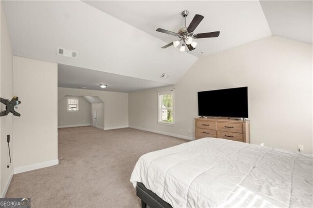 4735 Belcrest Way, Cumming, GA 30040 - carpeted bedroom with visible vents, baseboards, a ceiling fan, and lofted ceiling