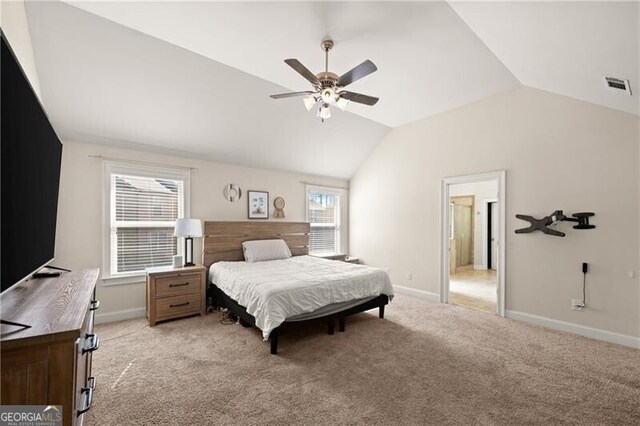 4735 Belcrest Way, Cumming, GA 30040 - bedroom with visible vents, baseboards, light carpet, and lofted ceiling