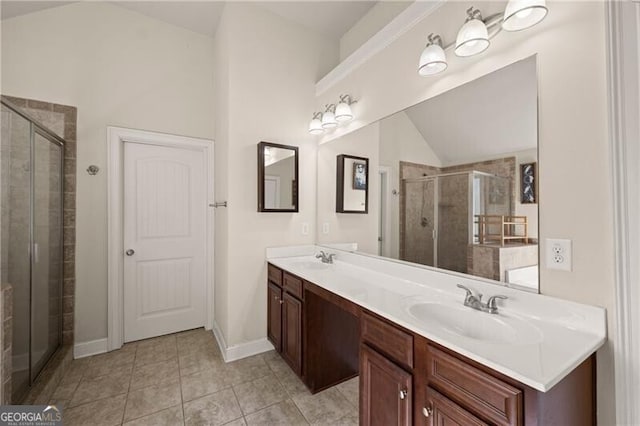 4735 Belcrest Way, Cumming, GA 30040 - full bath with a shower stall, double vanity, a sink, and vaulted ceiling