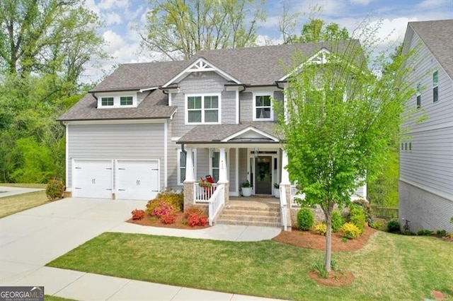 412 Nickajack Retreat Ln, Smyrna, GA 30082 - craftsman house featuring a garage, a front lawn, covered porch, and concrete driveway