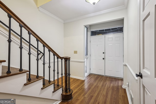 45 Willow Gln NE, Atlanta, GA 30342 - foyer entrance featuring stairs, dark wood-style flooring, baseboards, and ornamental molding