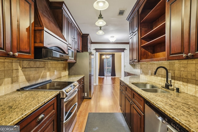 45 Willow Gln NE, Atlanta, GA 30342 - kitchen featuring ornamental molding, open shelves, visible vents, appliances with stainless steel finishes, and a sink