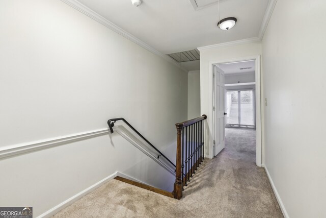 45 Willow Gln NE, Atlanta, GA 30342 - stairway with baseboards, attic access, crown molding, and carpet floors