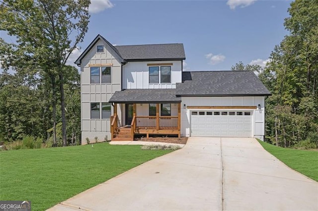 5719 Calm Valley Pt, Flowery Branch, GA 30542 - modern inspired farmhouse featuring covered porch, an attached garage, roof with shingles, driveway, and board and batten siding