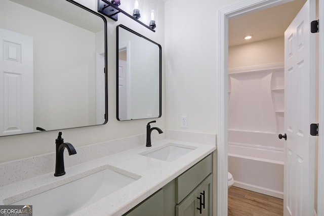 full bathroom featuring toilet, wood finished floors, double vanity, and a sink