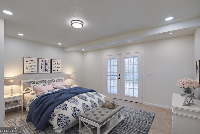 bedroom featuring access to outside, recessed lighting, carpet floors, french doors, and baseboards