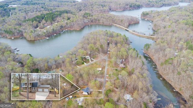 aerial view with a view of trees and a water view