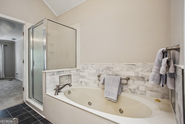 4284 Windy Gap Ct NW, Kennesaw, GA 30144 - full bathroom with ornamental molding, tile patterned floors, a shower stall, and a whirlpool tub