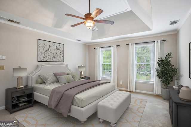 4284 Windy Gap Ct NW, Kennesaw, GA 30144 - bedroom featuring a raised ceiling, light carpet, ornamental molding, and ceiling fan