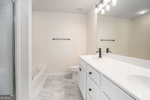 bathroom featuring toilet, visible vents, a sink, and marble finish floor