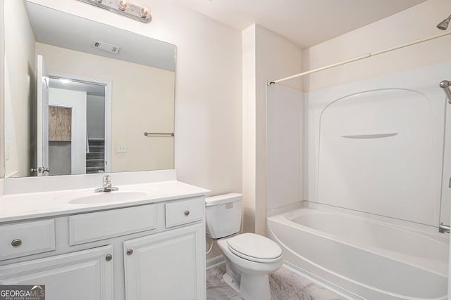 full bath featuring visible vents, shower / tub combination, vanity, toilet, and marble finish floor