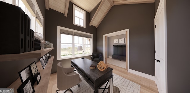 office featuring high vaulted ceiling, light wood-style floors, plenty of natural light, and wooden ceiling
