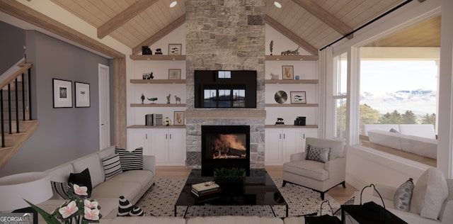 living room with wood ceiling, vaulted ceiling with beams, a stone fireplace, and light wood-type flooring