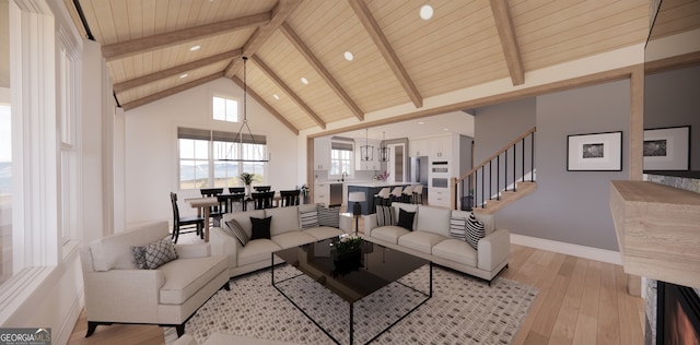 living area featuring high vaulted ceiling, light wood-style floors, beam ceiling, and wooden ceiling