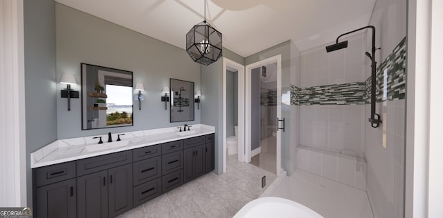 full bath featuring toilet, a sink, double vanity, and a stall shower