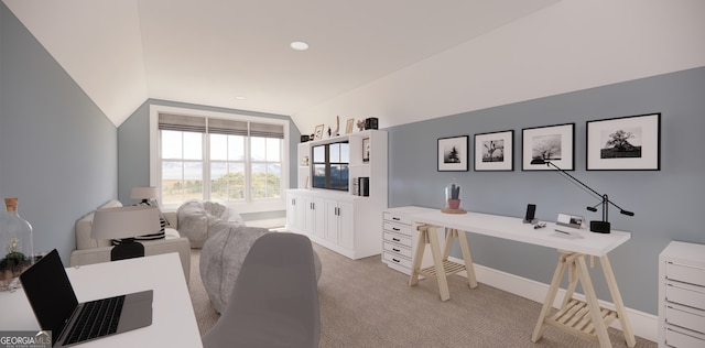 office area with baseboards, lofted ceiling, light colored carpet, and recessed lighting